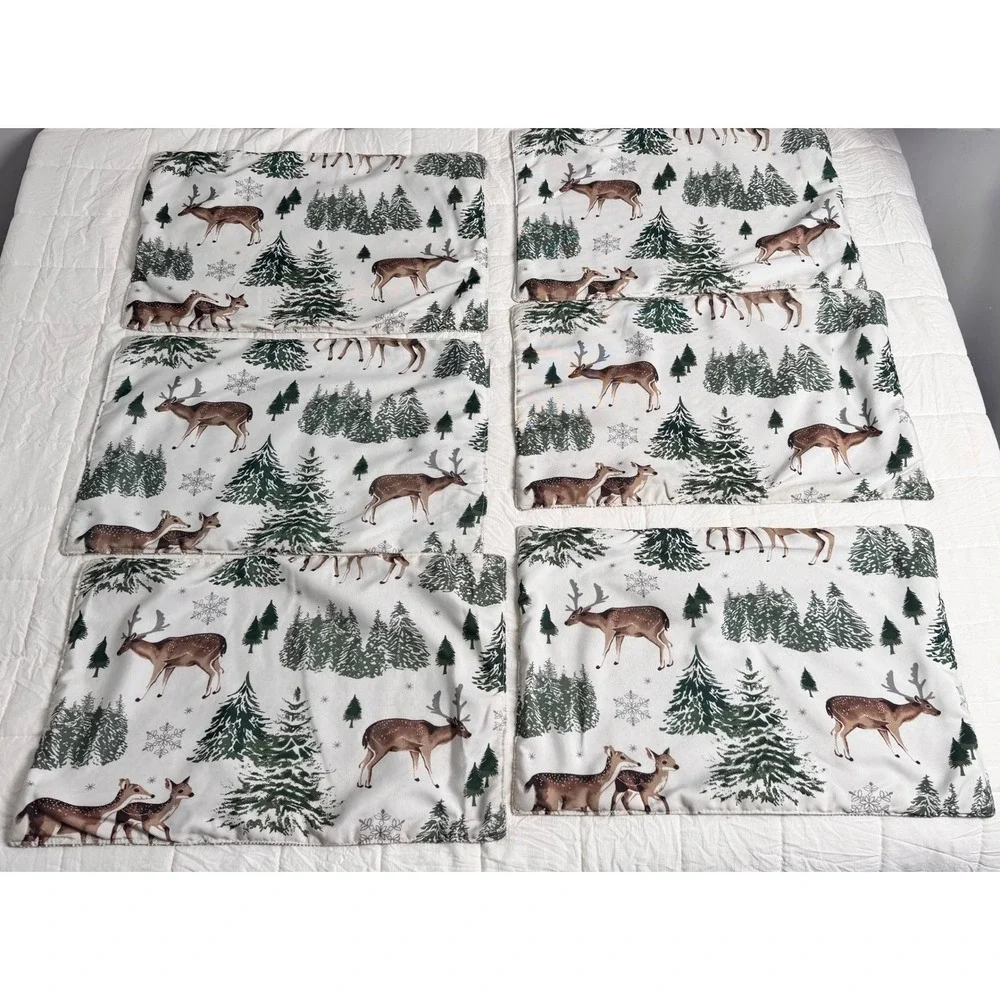 Rare ROBERT‎ STANLEY Winter Snowflake Deer Reversible Kilim Set of 6 Placemats